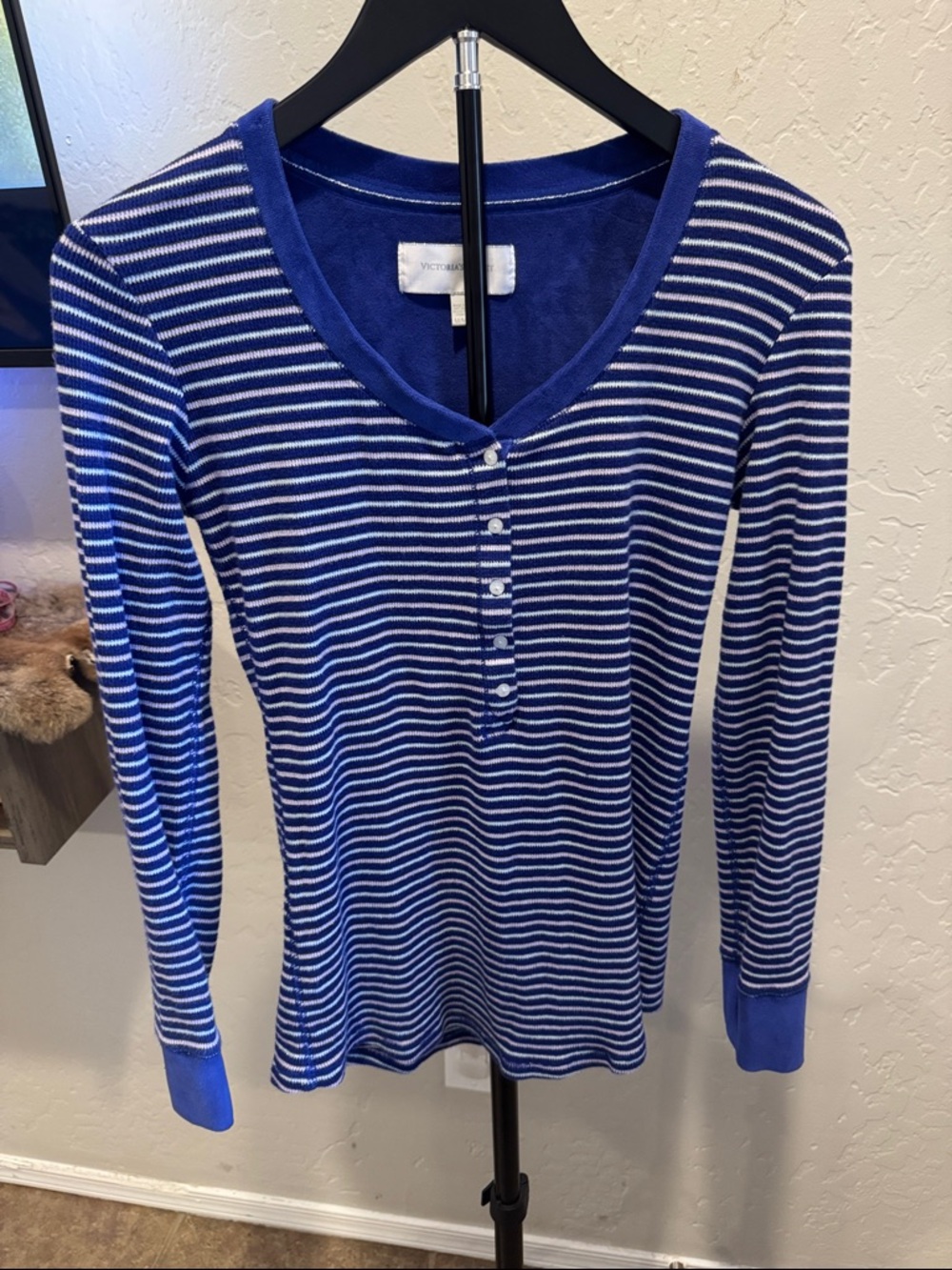 Victoria's Secret Royal Blue & White Striped Henley Long Sleeve Top
